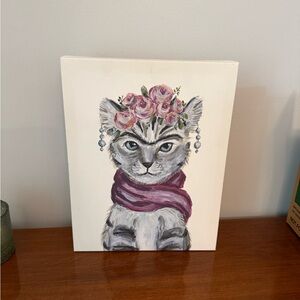Freida Kahlo-inspired cat painted on canvas